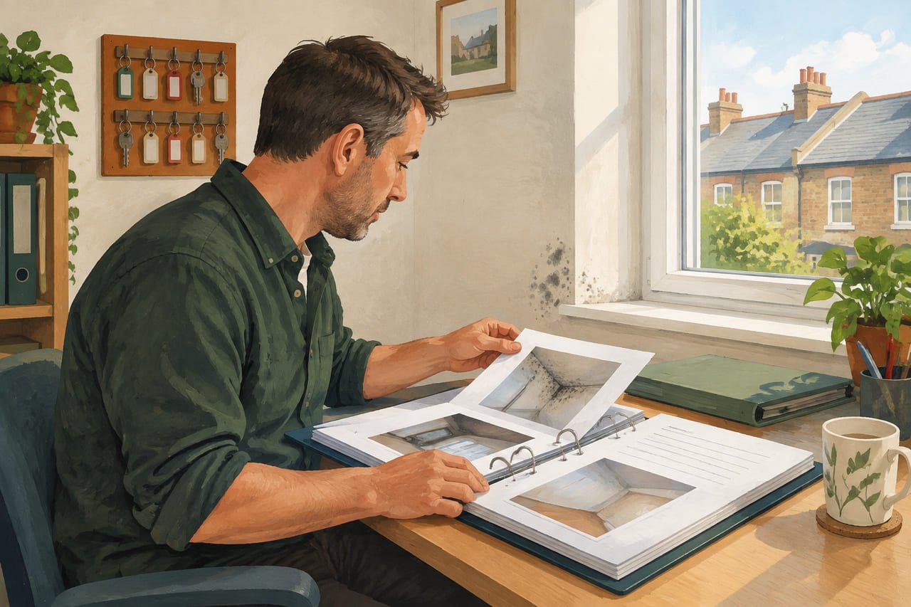 A landlord at his desk turning a page in a ring binder of property records with printed photographs