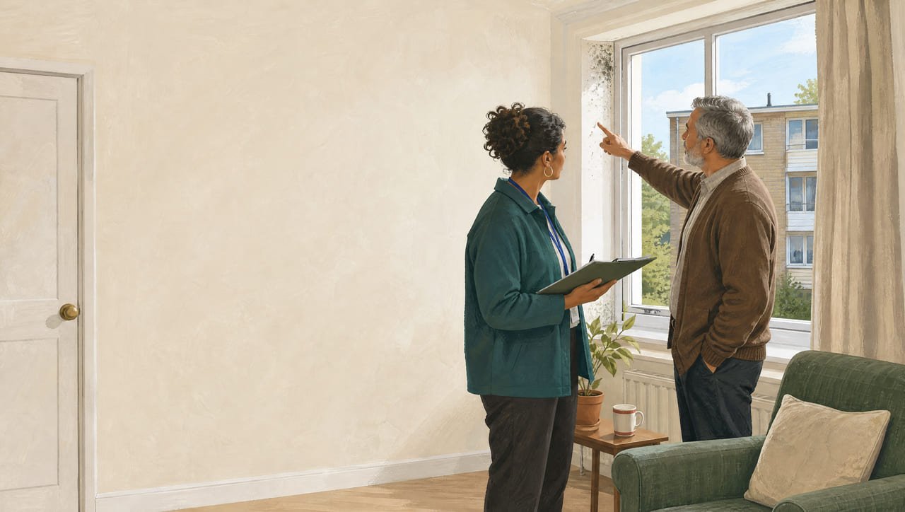 A housing officer making a note while a resident points to a small patch of mould at the window reveal of a flat