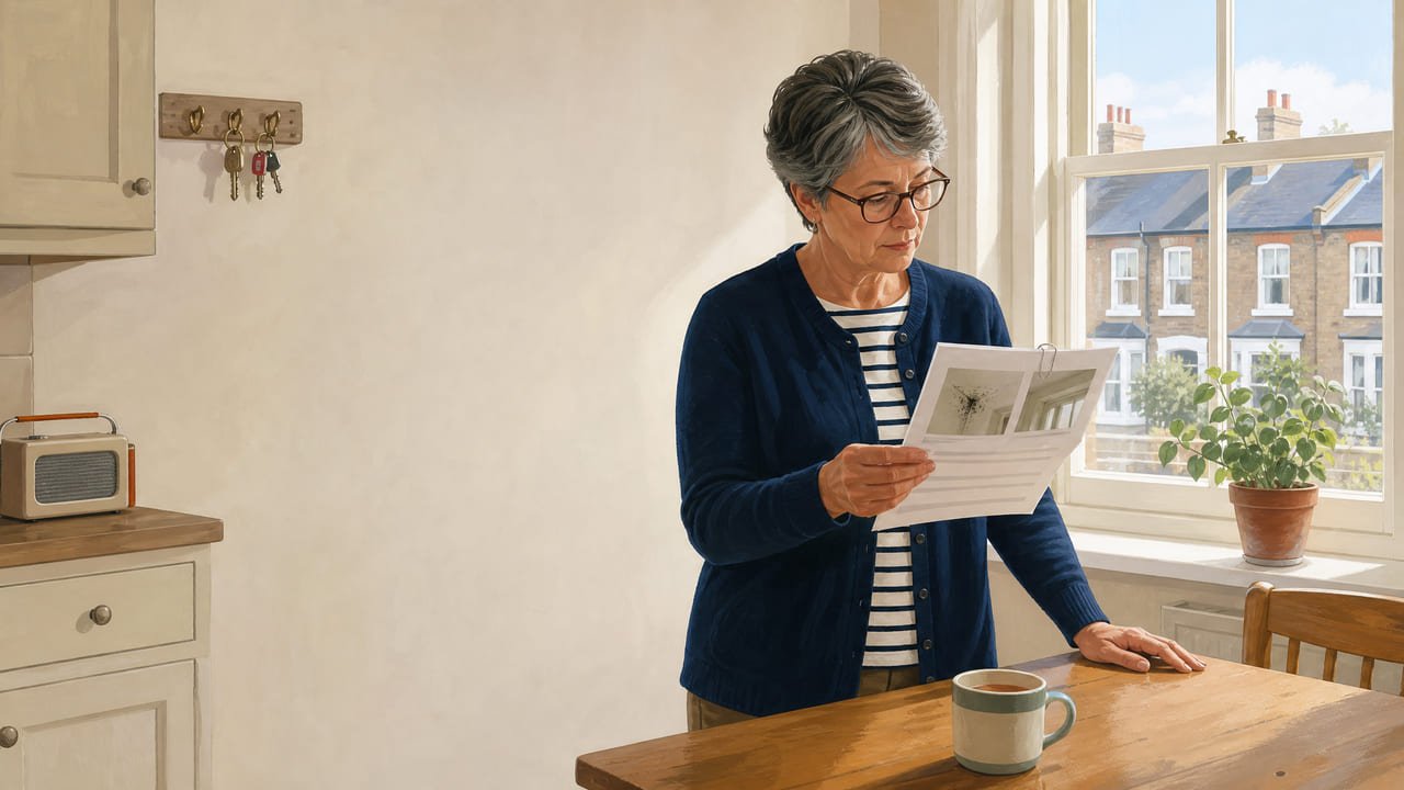 A landlord standing at her kitchen table reading a printed letter with two photographs clipped to it