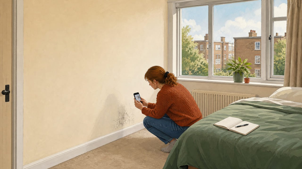A tenant crouching to photograph a small patch of mould low on the wall behind a bed pulled away from the outside wall of a flat bedroom, notebook open on the bed