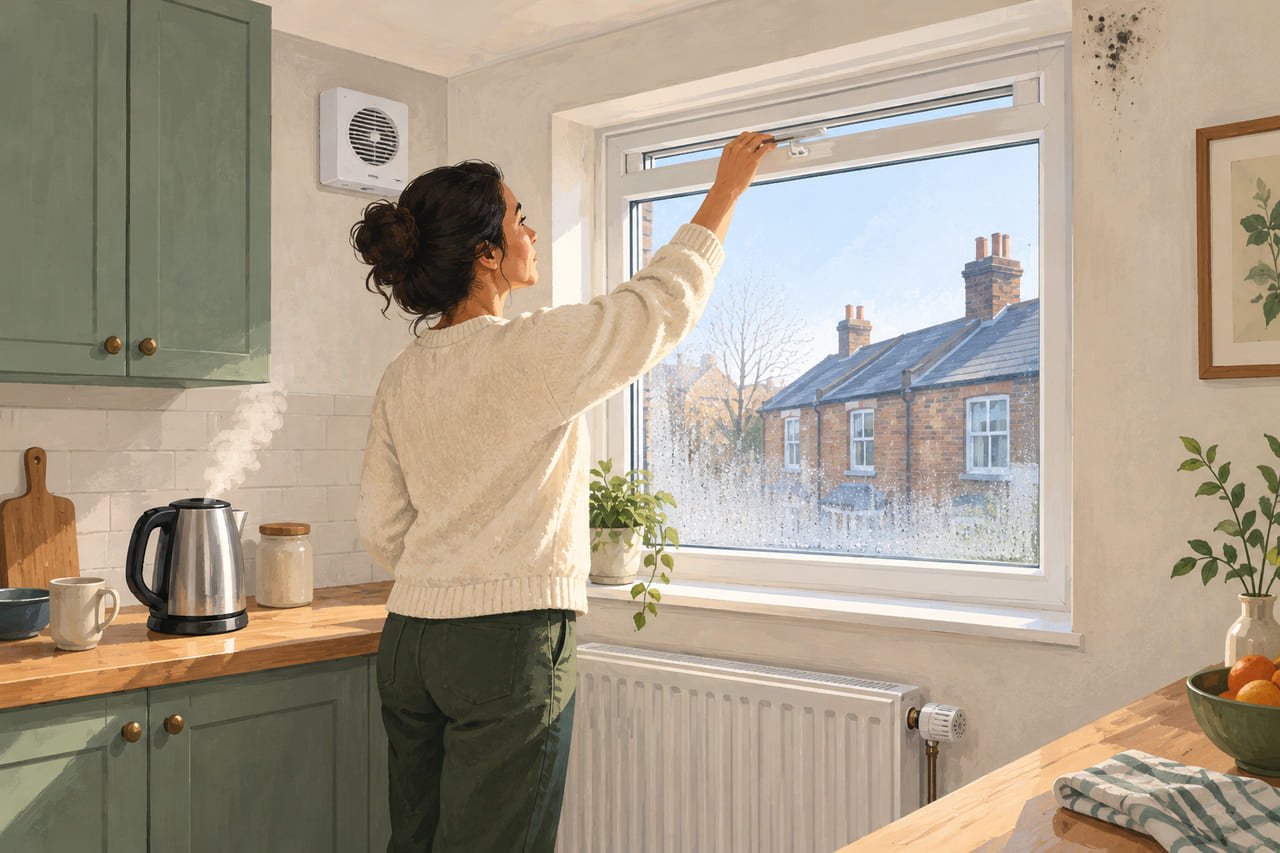 A woman opening the trickle vent on a kitchen window with a new extractor fan in the wall beside it