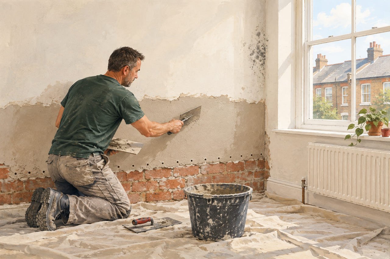 A plasterer re-plastering the bottom of a wall above a row of injection holes in the exposed brick