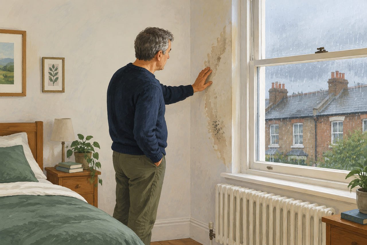 A man at a rain-streaked window with a brown-edged damp patch on the wall beside it