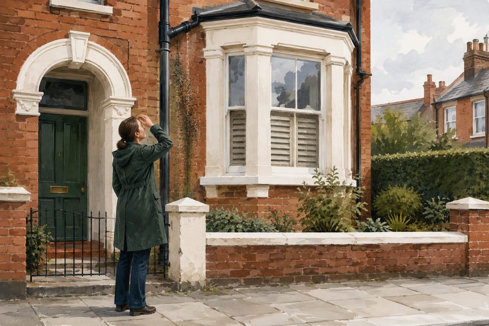 A woman on the pavement looking up at a leaking downpipe and the damp streak it has left on the brick of a terraced house