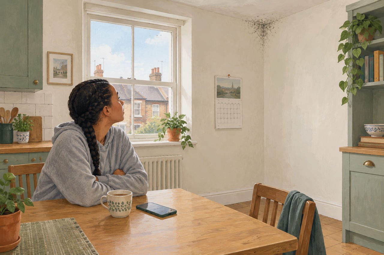 A tenant sitting at her kitchen table with a cold cup of tea, looking across at a mouldy ceiling corner, waiting for a reply