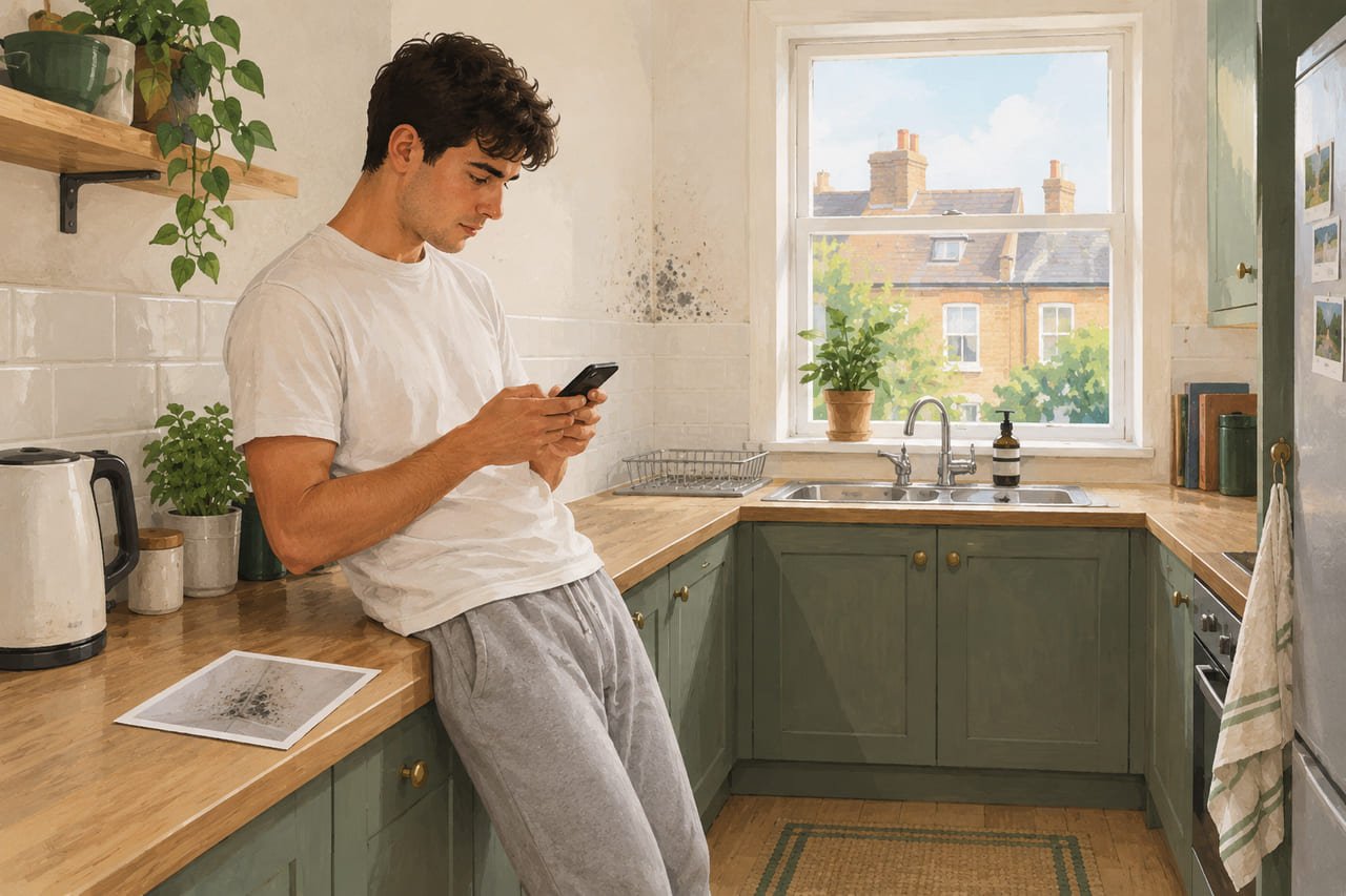 A young man leaning on a kitchen worktop writing a message on his phone, a printed photograph of a mould patch beside him