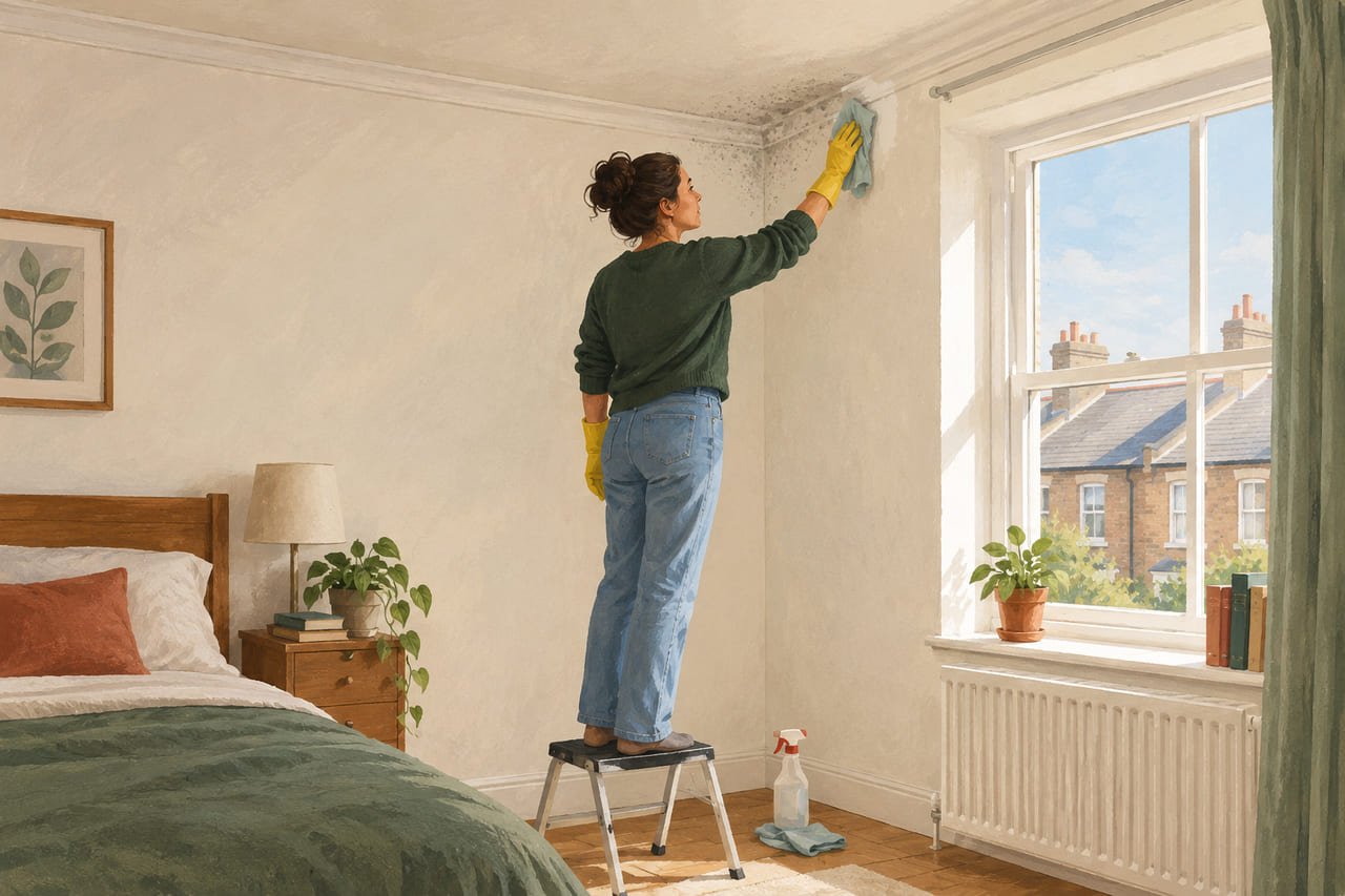 A woman on a step stool wiping a ceiling corner where a faint grey halo of mould still shows after cleaning