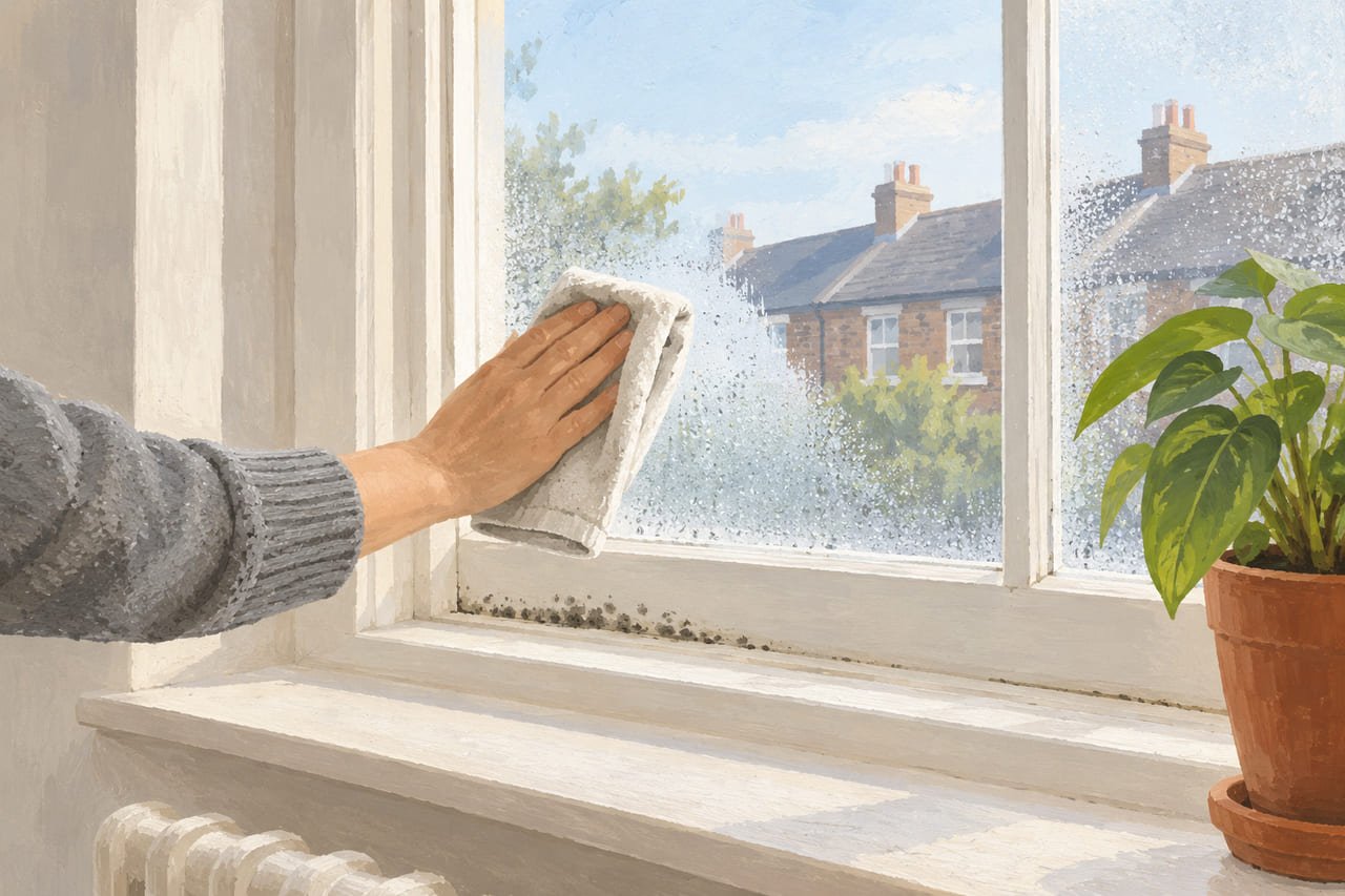 A hand wiping condensation from a sash window with a cloth, small mould spots along the bottom of the reveal
