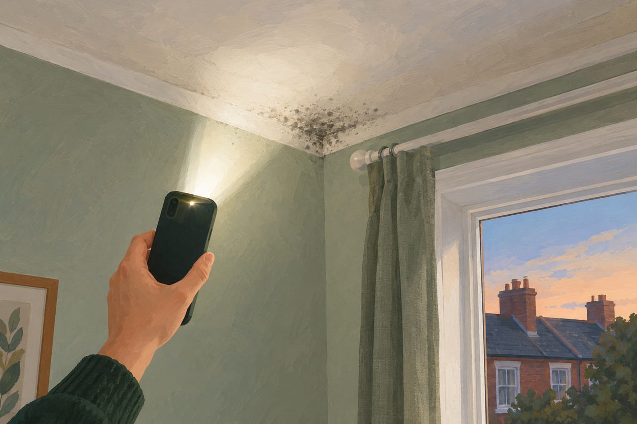 A phone torch held up to a small fan-shaped cluster of black mould in a ceiling corner