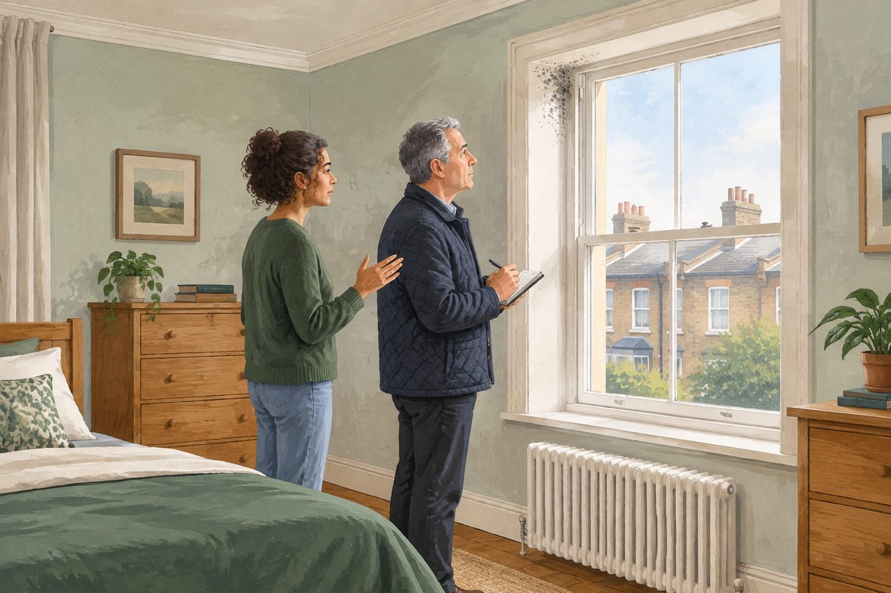 A landlord making a note as he inspects a patch of mould at a window reveal while the tenant explains