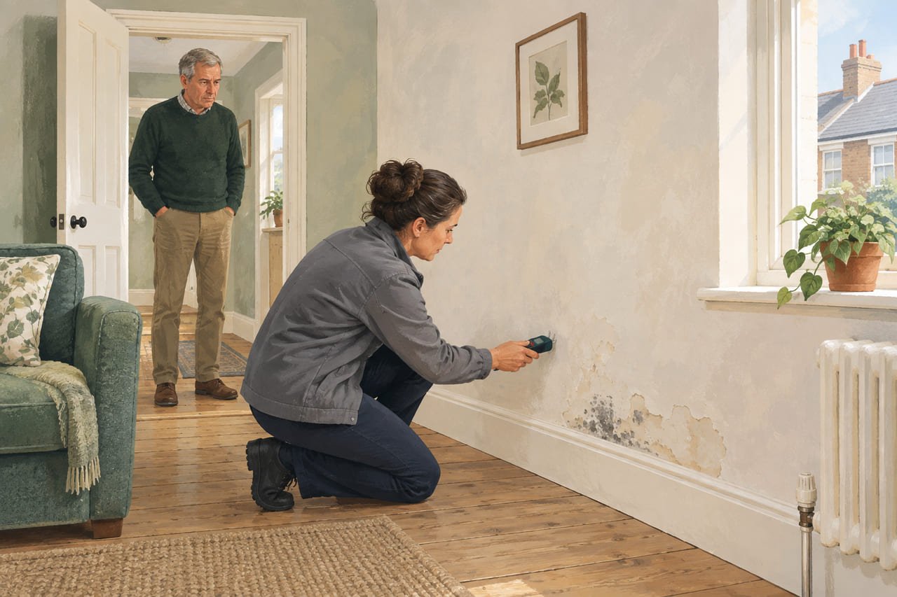 A surveyor kneeling to hold a moisture meter to a wall above the skirting while the homeowner watches from the doorway
