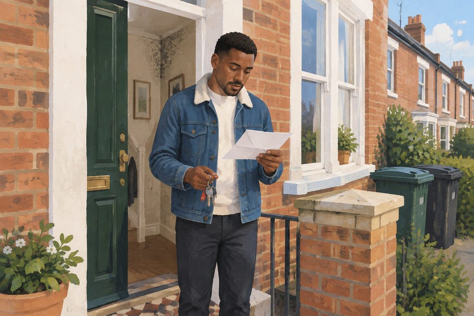 A tenant on his front doorstep holding his keys and an opened letter