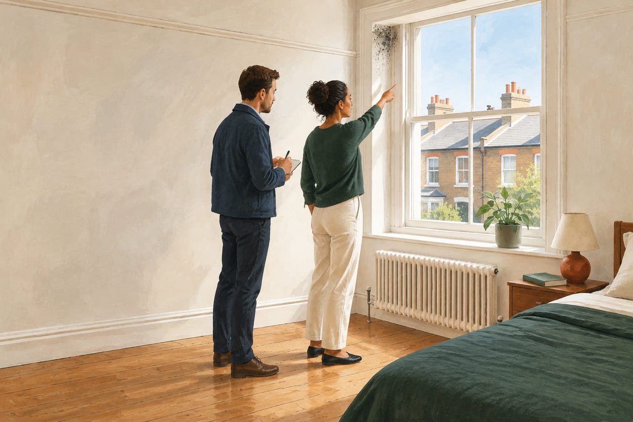A tenant pointing to a small patch of mould at a window reveal while a letting agent makes a note