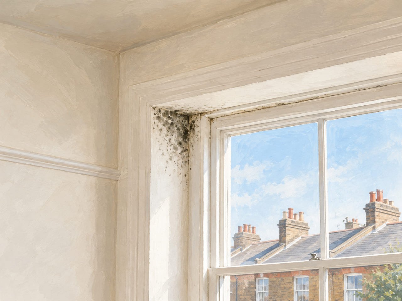 Evidence diagram: the affected corner and window reveal with the visible extent of mould marked
