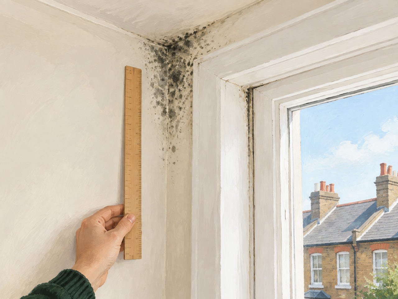 Evidence diagram: close-up of mould on plaster beside the window reveal with a 100 mm scale bar