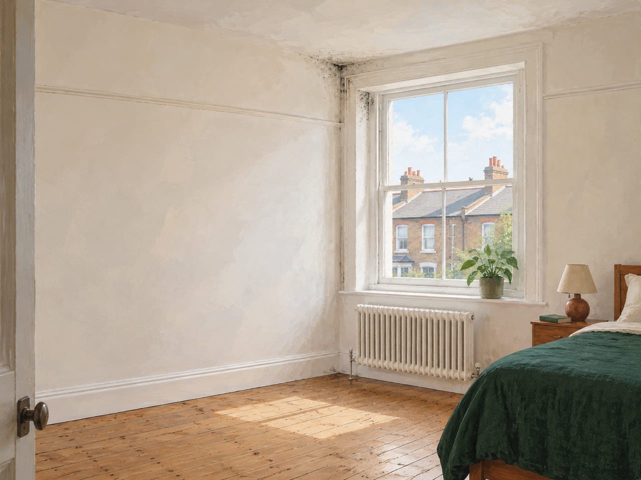 Evidence diagram: wide view of a bedroom corner from the doorway with mould beside the window