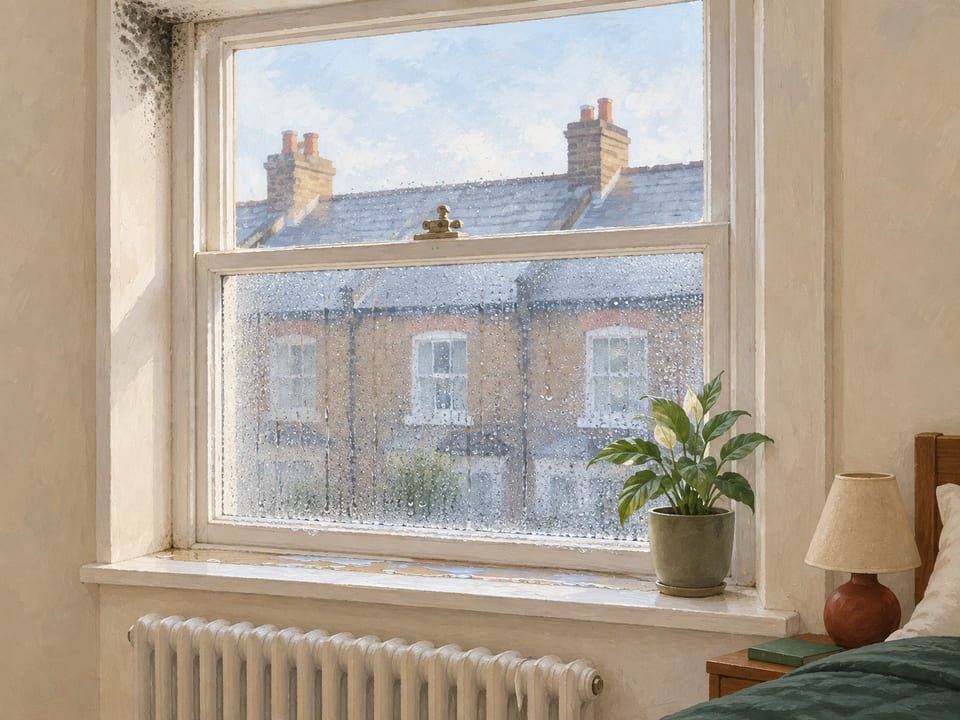 Evidence diagram: a uPVC window with condensation on the lower glass, water on the sill and the trickle vent closed