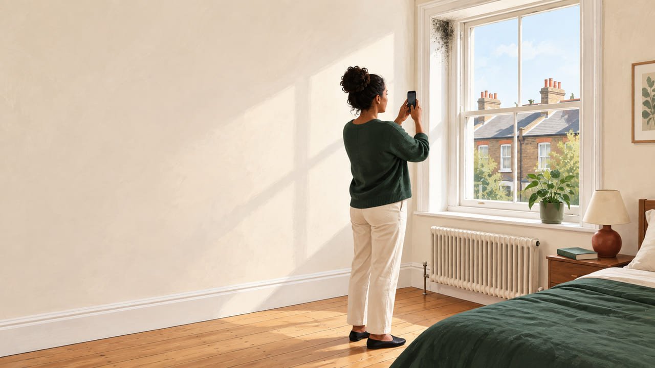 A resident photographing black mould in the corner of a bedroom beside a window