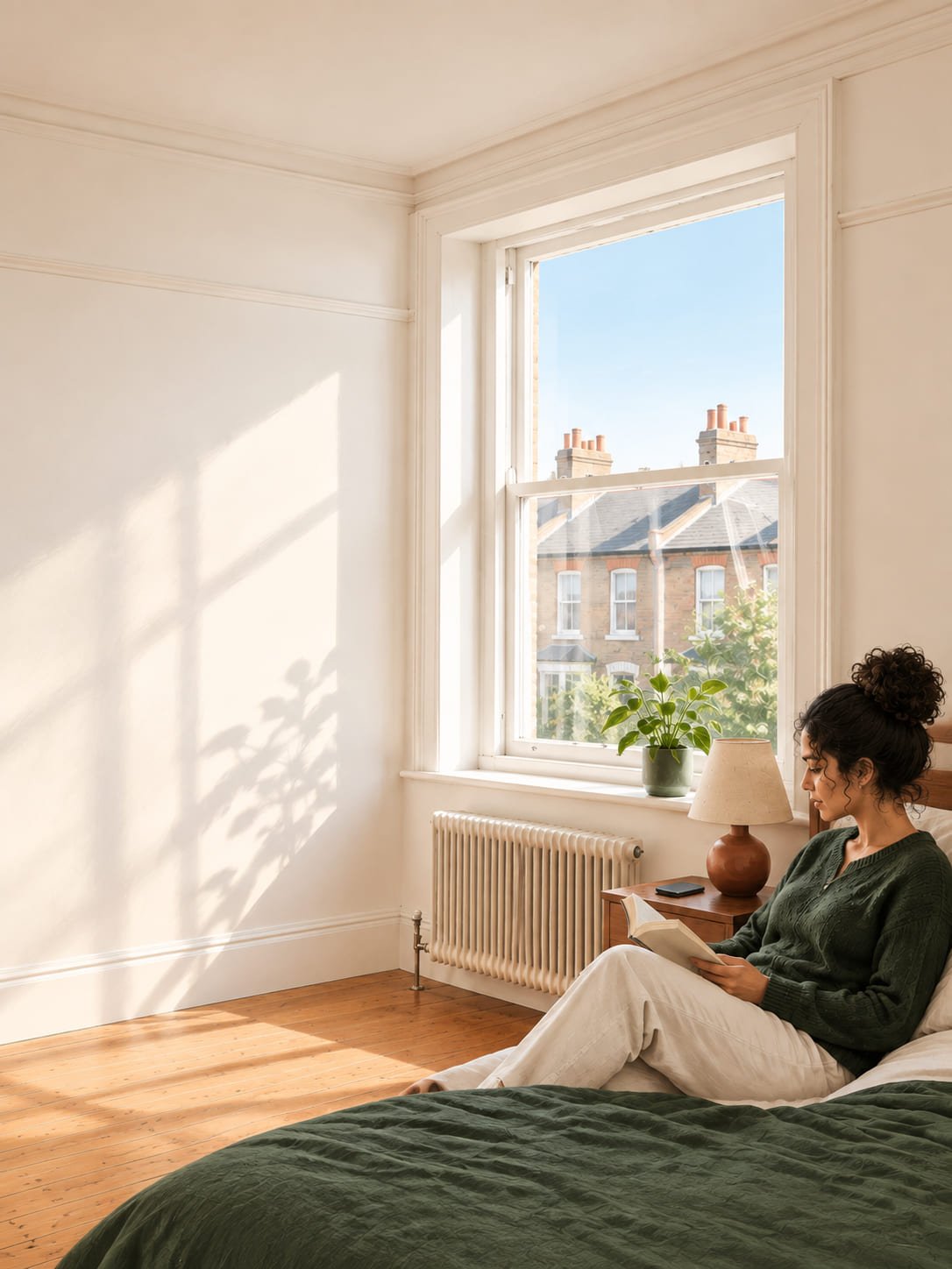 The same resident in the repaired bedroom returned to ordinary use