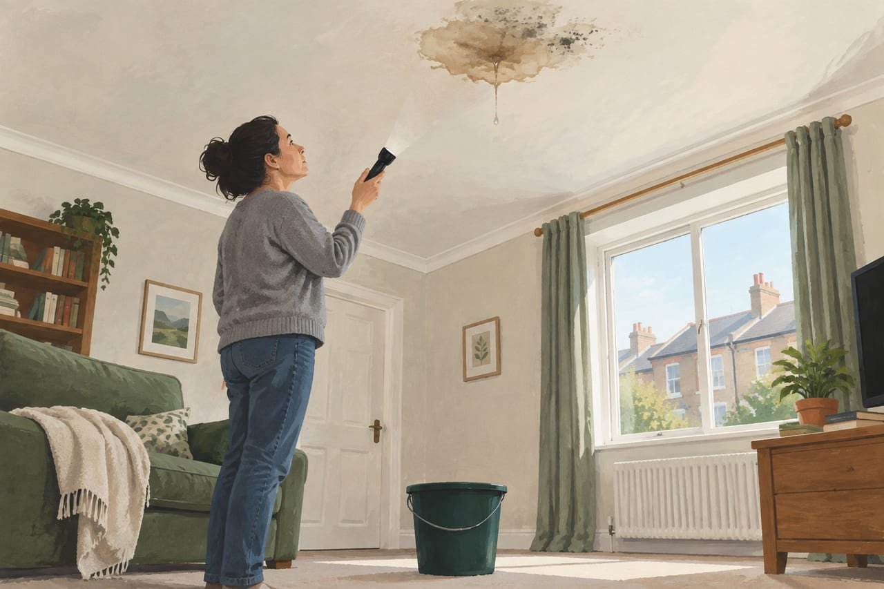 A woman looking up with a torch at a round brown damp patch on the ceiling, a bucket on the floor beneath it