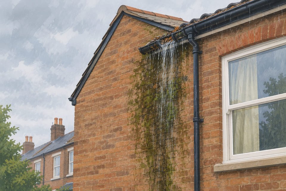 Rain overflowing a blocked gutter and soaking the brick wall beneath it on a terraced house