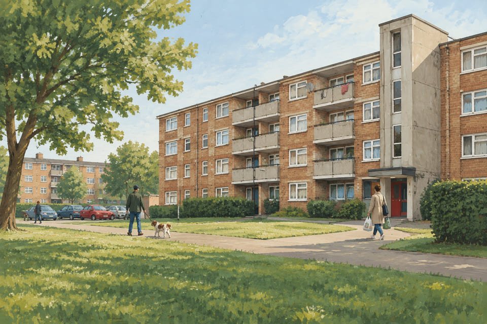A brick post-war council block with concrete balconies on an English estate in morning light