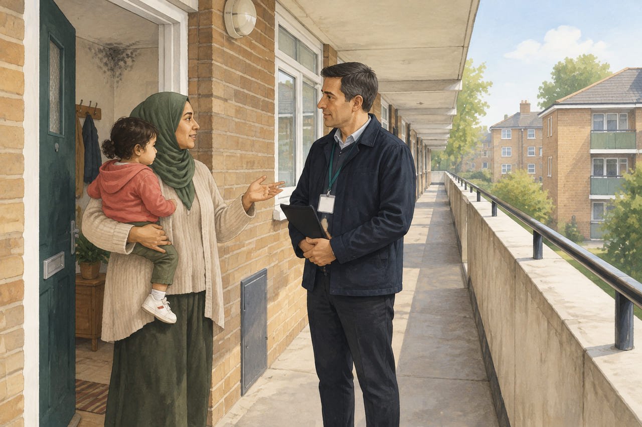 A housing officer being welcomed into a flat by a resident holding a toddler on a council-block walkway