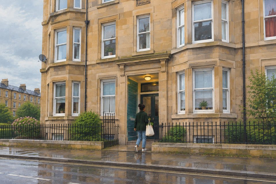 A blond sandstone tenement with bay windows and a close entrance on a Scottish street