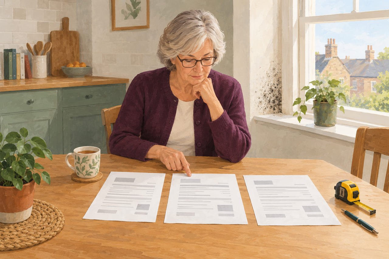 A homeowner at her kitchen table comparing three printed quotes laid side by side