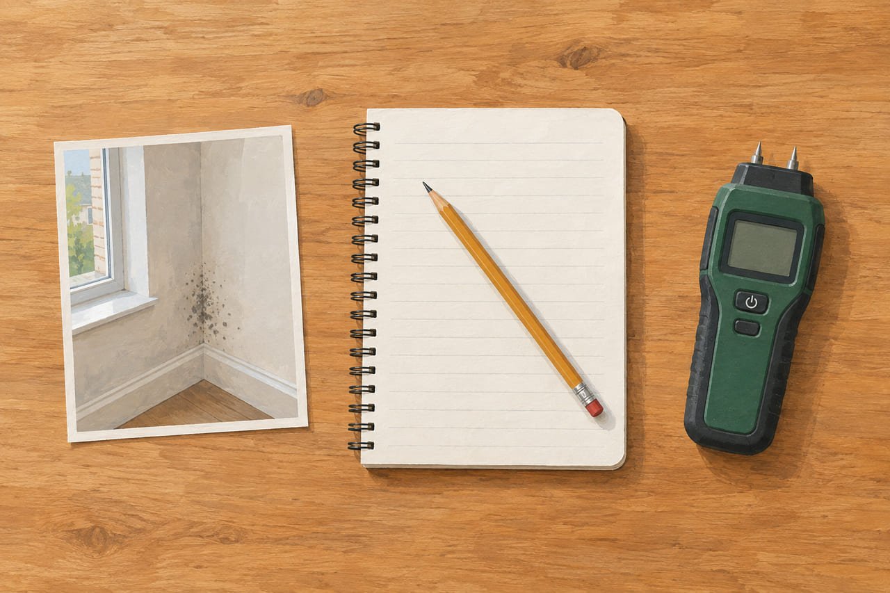 A printed photograph, an open notebook with a pencil, and a moisture meter laid separately on a wooden table