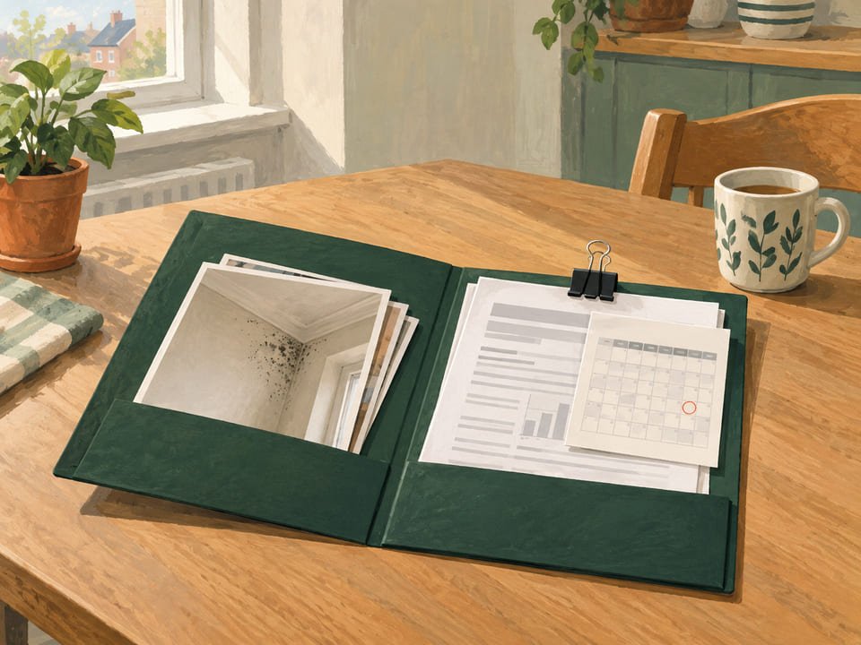 A green card folder open on a table holding printed photographs, a letter, report pages and a calendar page under a clip