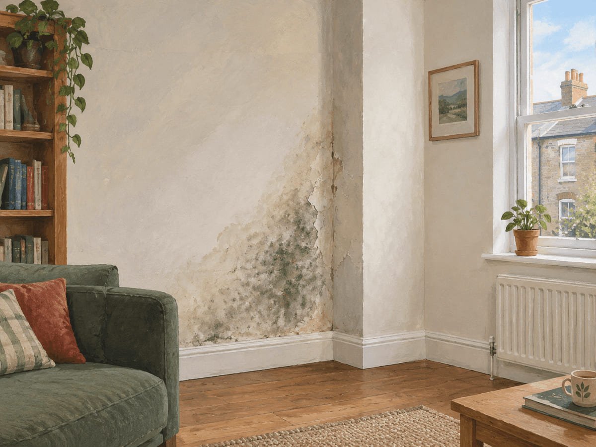 Living room external corner wall with a discoloured patch above skirting and paint bubbling near a chimney breast, driven-rain elevation